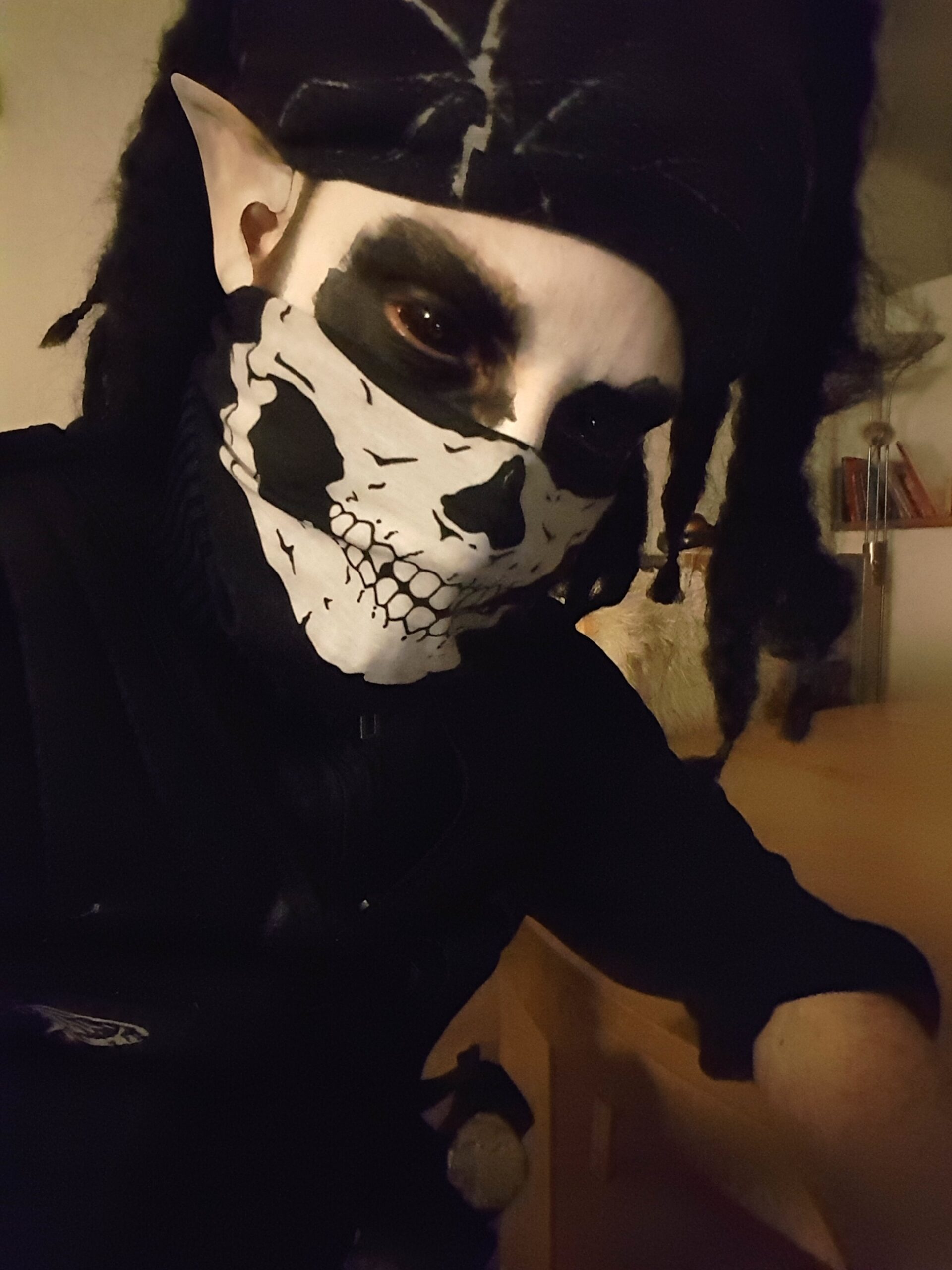 Fotos einer Person, deren untere Gesichtshälfte von einem Tuch verdeckt wird, das die Silhouette eines Totenschädels zeigt. Die Augen sind dunkel schwarz, das restliche Gesicht weiß.